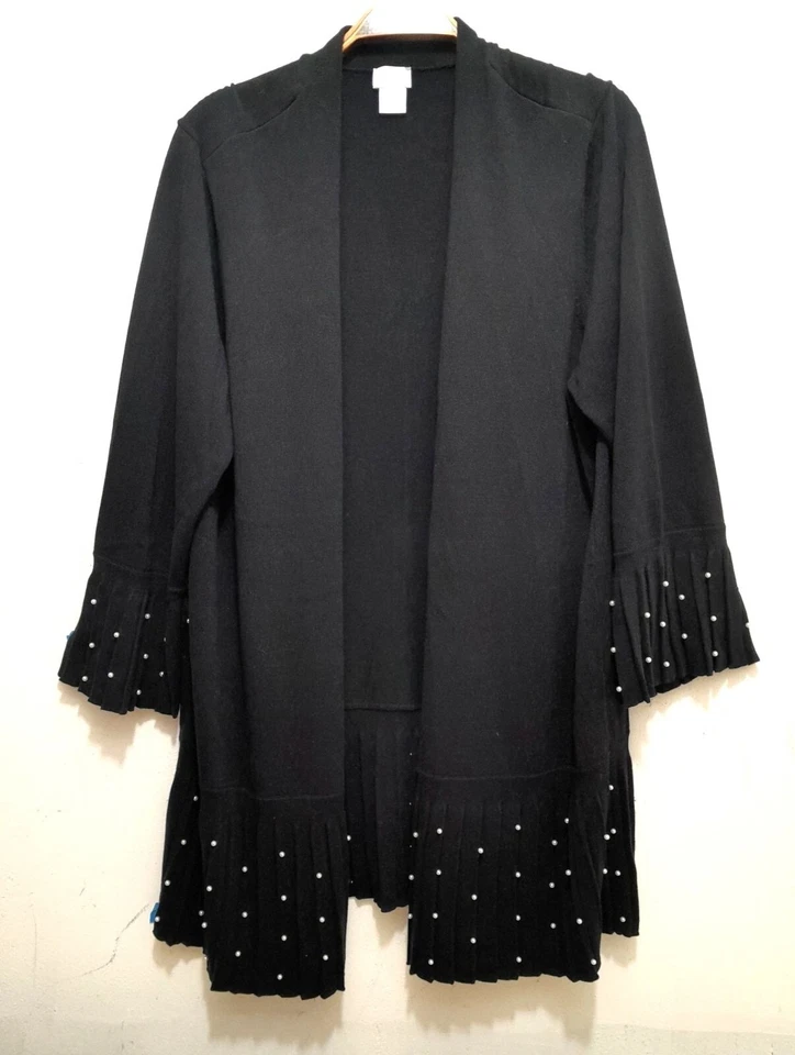 Cárdigan Chicos Plisado Imitación Perla Acento Elegante Largo Abierto Talla Grande Evento Negro Foto 4 de 4