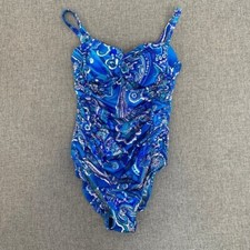 Robby Len Blue Ruched Swimsuit Size 2 Nylon Spandex Built in Bra Paisley Print