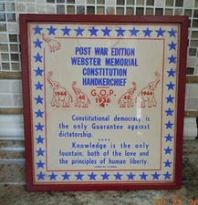 RARE POST WAR EDITION WEBSTER MEMORIAL CONSTITUTION HANKERCHIEF 1944 GOP FRAMED