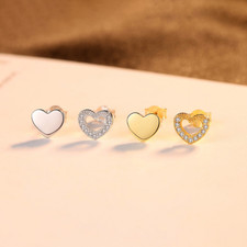 Solid 925 Sterling Silver Asymmetric Open Heart CZ Stud Earrings 6 mm Gift PE45