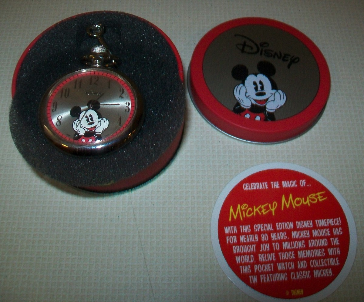 New Red Tin Mickey Mouse Silver Tone Pocket Watch Special 80 