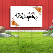 Happy thanksgiving text with leaves white background yard sign