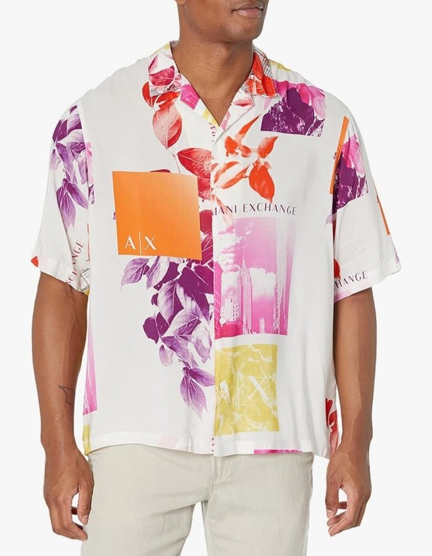 Armani Exchange Men's Eco Viscose Popeline Boxy Fit with Graphic Print, Size L.