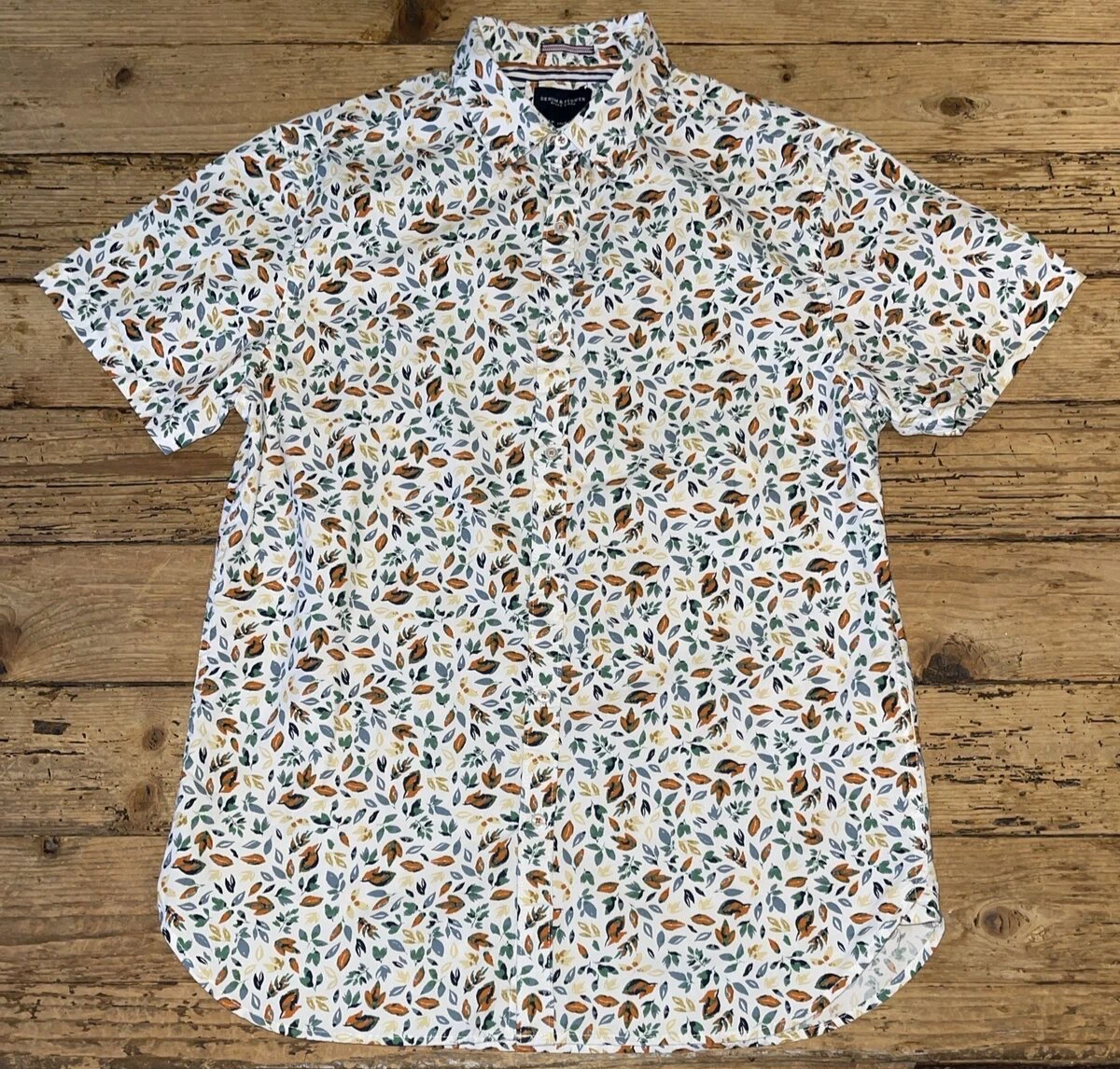 Denim & Flower Men’s Size M Leaf Print Short Sleeve Button Up Shirt NWOT