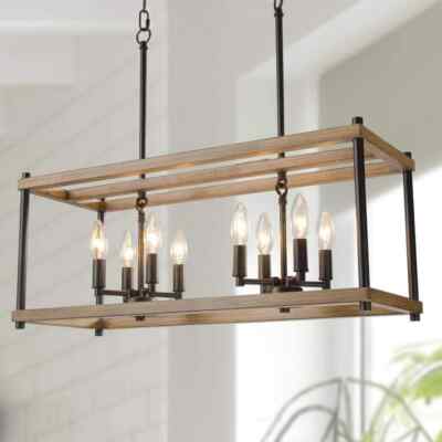 LNC Farmhouse 8-Light Black Island Chandelier with Faux Wood Candlestick Cage
