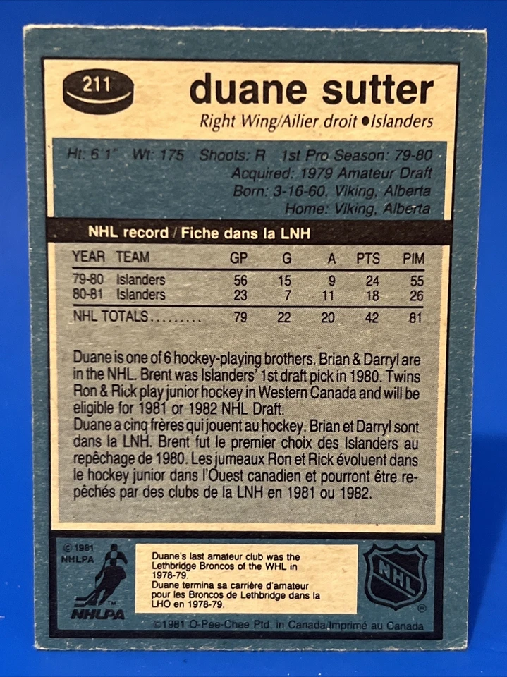 1981-82 O-Pee-Chee Duane Sutter Rookie Card #211 New York Islanders RC - Image 2 of 2