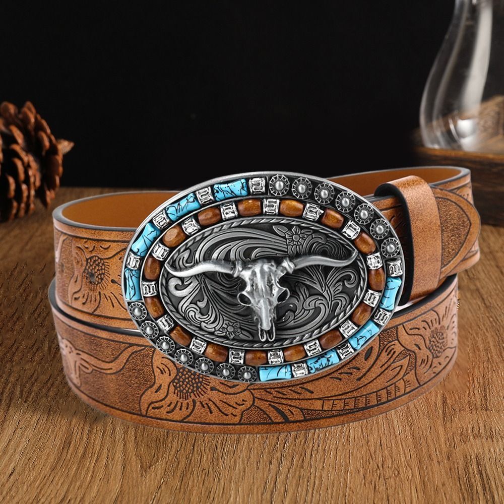 Bull Pattern Buckle Belt Vintage Waistband Retro Mens Western Cowboy Belt  Mens