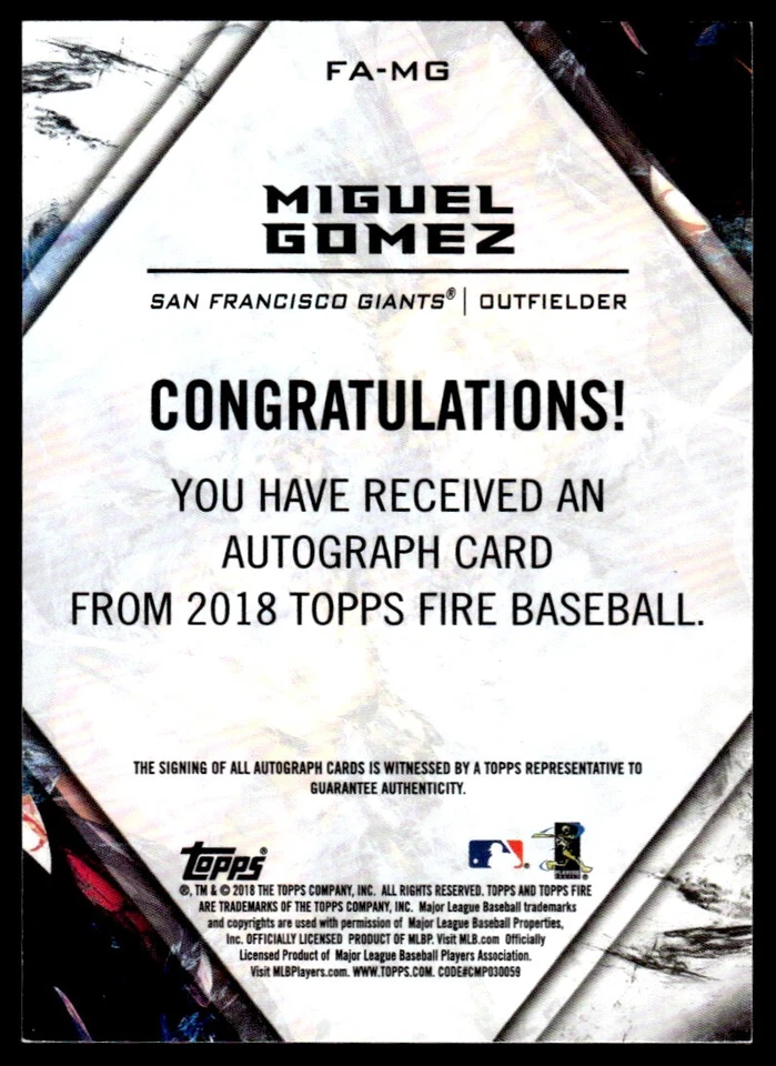 2018 Topps Fire Autograph Miguel Gomez Auto San Francisco Giants #FA-MG R79 - Image 2 of 2