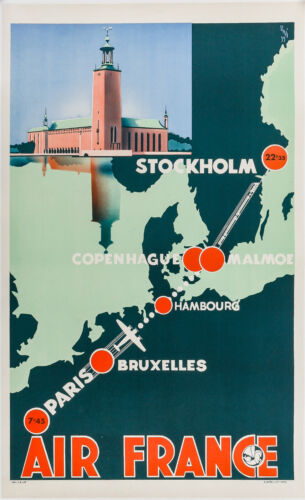 Affiche originale Air France, Vinci, Paris Stockholm, Bruxelles, Copenhague, 1935 - Photo 1/4