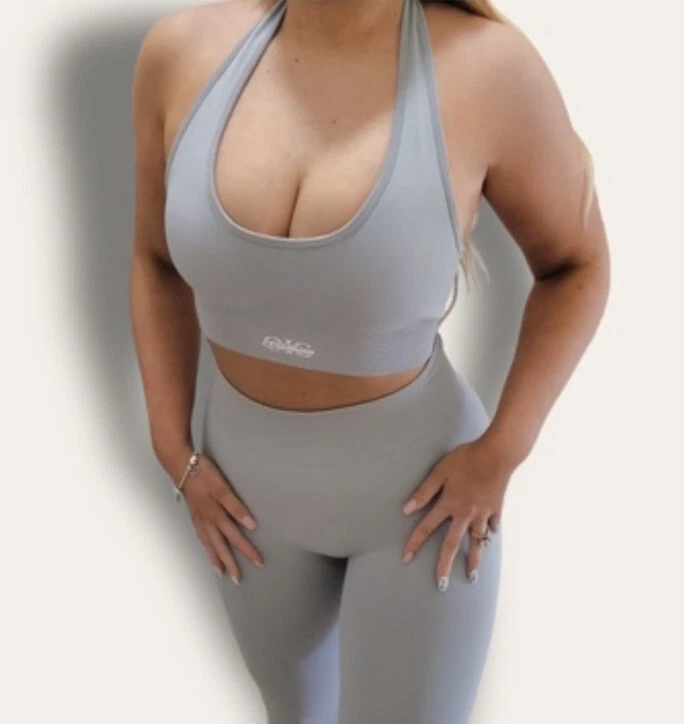 Gym Set Womens New Grey Bum Scrunch Lift Leggings Halter Top Padded Size M 10-12 - Image 4 of 4