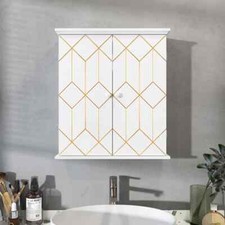 Wall Mounted Cabinet Storage Shelf Bathroom Cupboard 2 Door with Gold Trim White