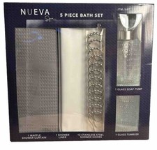 Nueva 5 Piece Bath Set Shower Curtain, Liner, Rings, Soap Pump And Tumbler Gray