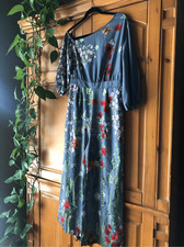 Noracora Trendy Floral Print Gray-Blue Off Shoulder Jumpsuit SZ M