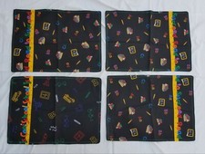 Set Of (4) Handmade Quilted Placemats School Prints BLACK Sz 19"x14" NEW!