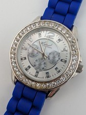 Kim Rogers Watch Round 39mm Pave Rhinestone Blue Silicone Band- New Battery