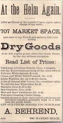 A Behrend Dry Goods 707 Market Space 1881 Washington DC Clipping TAJ8-M5