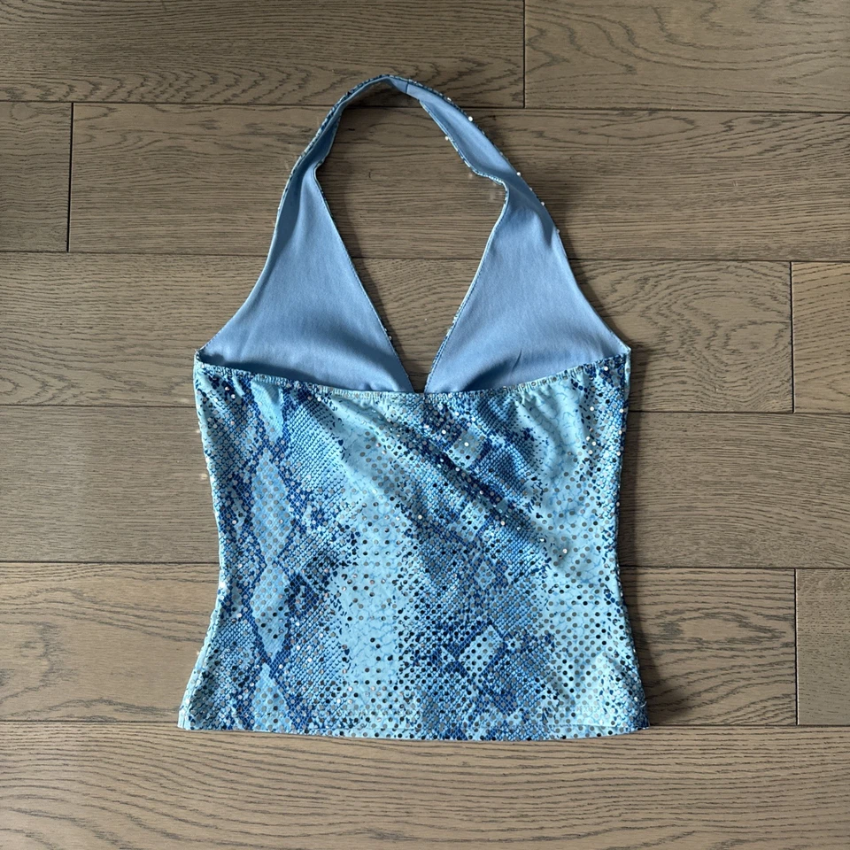 Vintage Y2K Shameless Blue Snakeskin Print Glitter Halter Crop Top Size M - Image 4 of 4