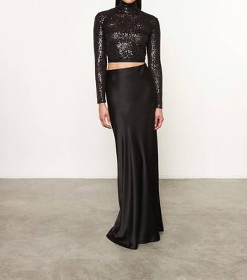 Enza Costa sequin cropped long sleeves mock neck BLACK