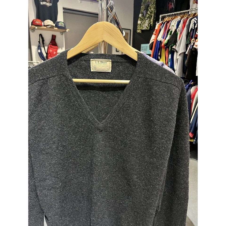 Vintage años 80 L.L. Suéter Gris Bean 100% Lana Cordero Cuello en V Talla XL Hecho en EE. UU. Foto 2 de 4