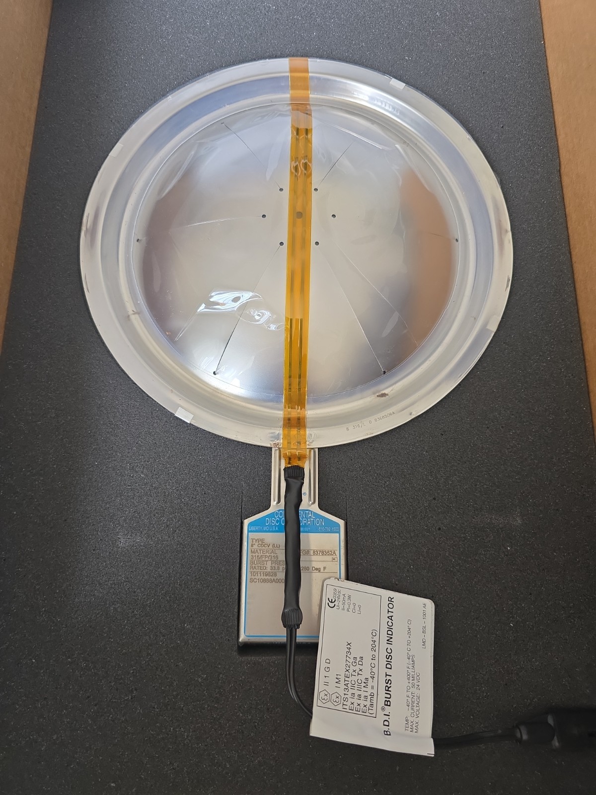 NEW CONTINENTAL DISC CO 8” CDCV(LL) RUPTURE DISC 33.8 PSIG@280°F 316FP