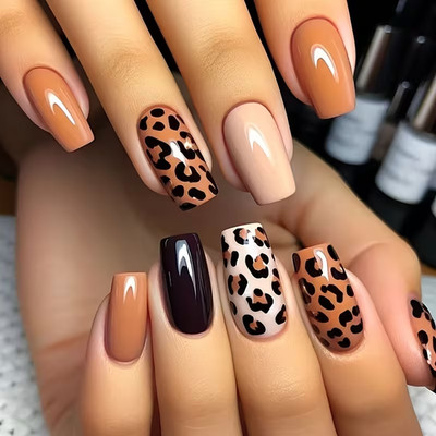 24pcs Medium Square Press-On Nails Brown Leopard Print Glossy, Parties, Everyday