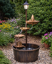 Image of Water Feature Fountain LED Solar Lamp Post Cascading Wheel Barrel Garden Decor
