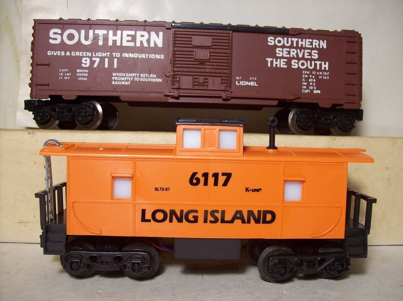 K Line LIRR 1117 caboose & Lionel 9711 & 9783 boxcas