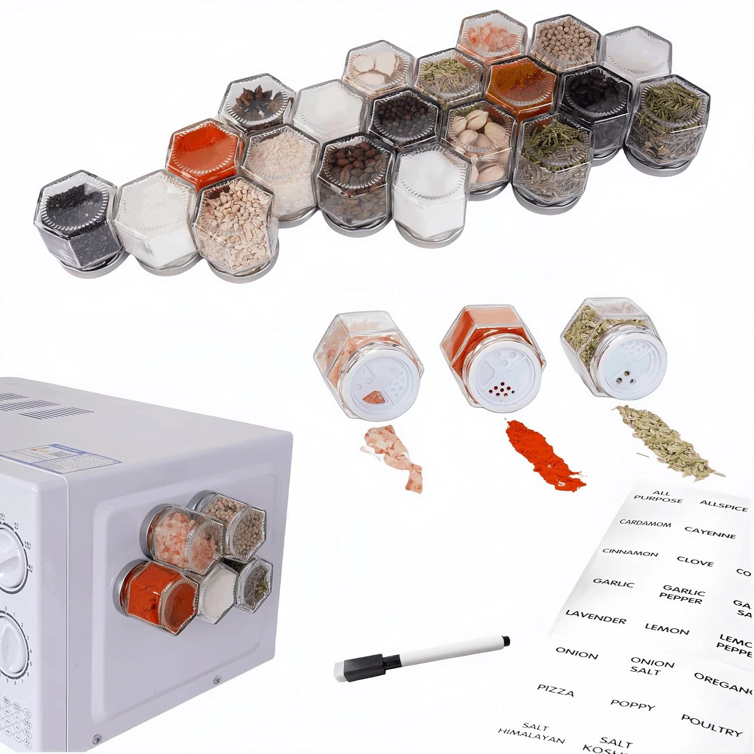 Set of 20 Magnetic Spice Jars for Refrigerator, Glass Small Hexagon Magnet Seaso