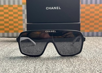 CHANEL 9158 Shield Sunglasses   Black & White Frame w/Gray Lens 