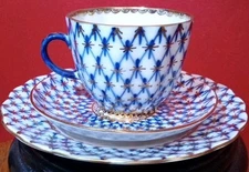 Vtg Lomonosov Russia Porcelain Cobalt Net Tulip Tea cup Saucer Dessert Plate 3pc