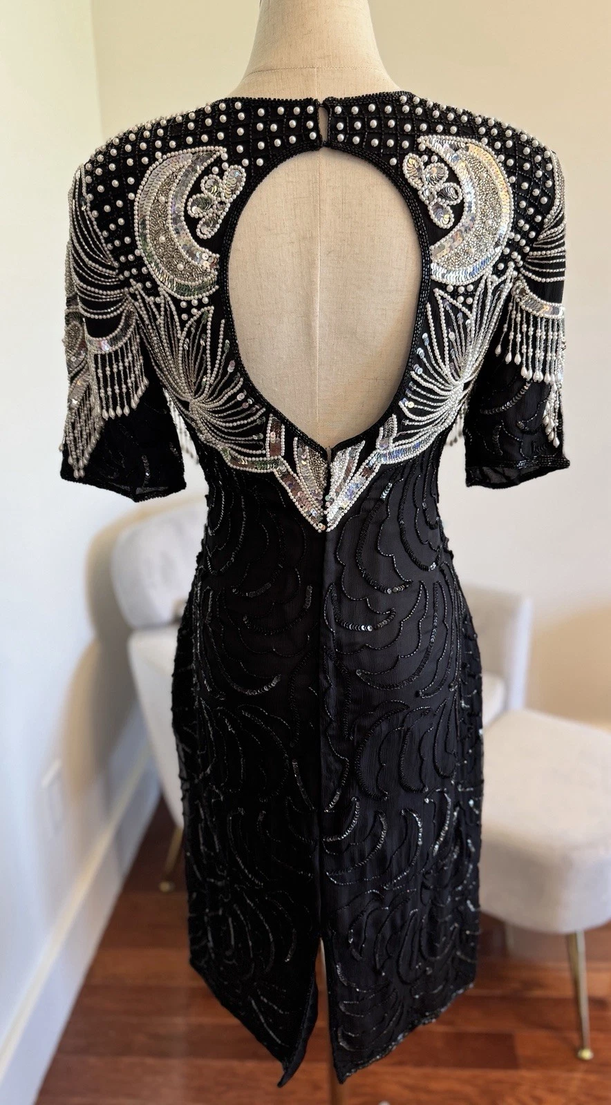 UNDERCOVER Mini Abito Tg 6 SETA Vintage Paillettes Perle Nappe Schiena Aperta Perline Nero Bianco