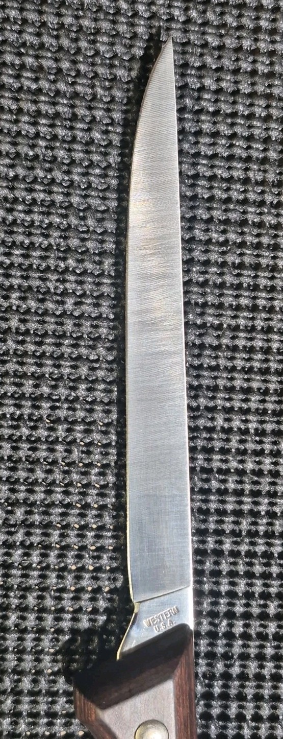 Vintage WESTERN fish fillet knife S-W766 with silver blade and dark wood handle, USA made, in perfect condition.
