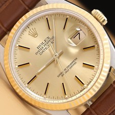 ROLEX MENS DATEJUST 16013 18K YELLOW GOLD STEEL CHAMPAGNE BROWN LEATHER WATCH