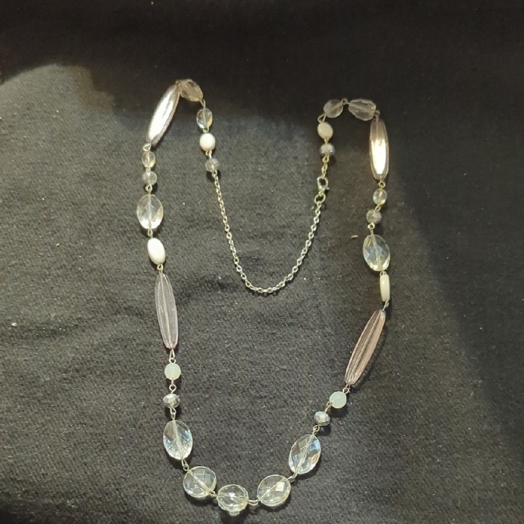 Silver Tone Clear Beaded Long Statement Necklace - image 1