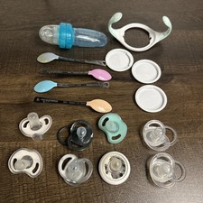 Baby Items Lot Of 17 Items - Pacifiers Caps Food Sucker Bottle Holder Spoons G5