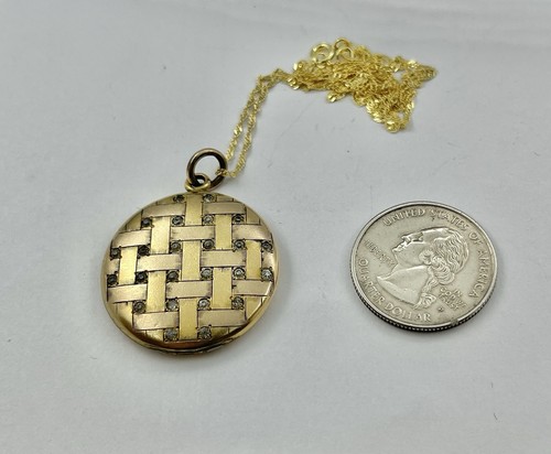 Art Nouveau Rolled Gold Basketweave Locket Paste Rhinestones Pendant Necklace - 第 3/14 張圖片