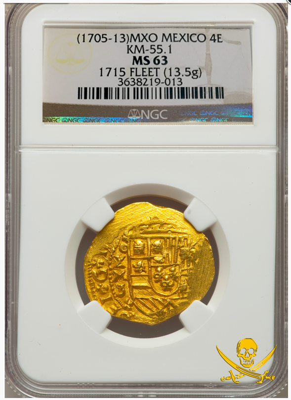 MEXICO 1715 FLEET SHIPWRECK 4 ESCUDOS 1705-13 NGC 63 PIRATE GOLD
