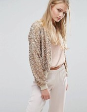 Vila Frosted Almond Sequin Bomber Jacket Nwt Sz Xs