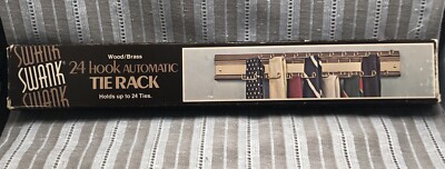 Vintage Swank Wood Brass 24 Hook Automatic Tie Rack Necktie Holder USA Made