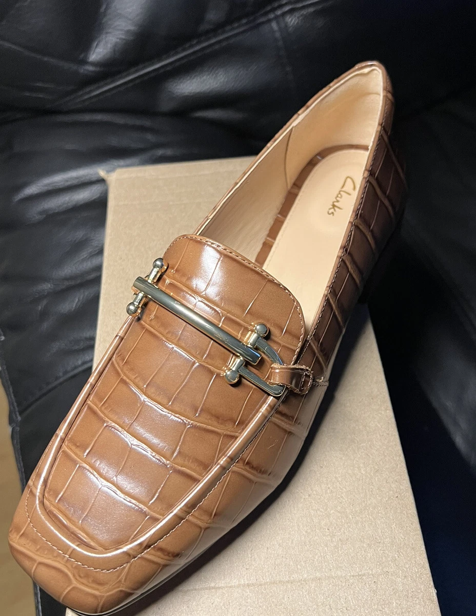 Clarks Ladies PURE BLOCK Dark Brown Croc Effect Leather Loafers UK