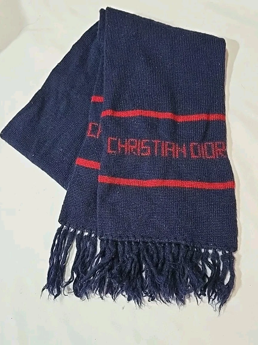 Foulard vintage en laine créateur Christian Dior bleu marine années 90 52 pouces