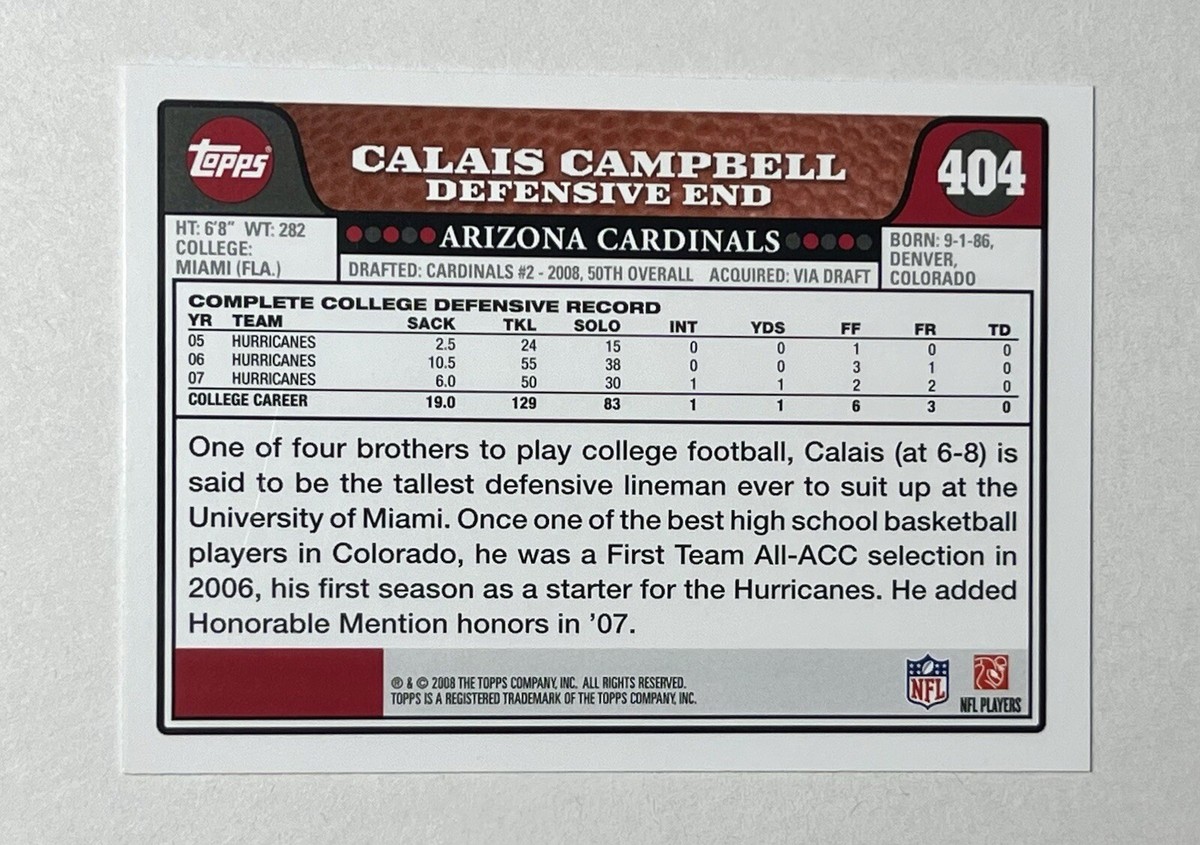 2008 Topps Calais Campbell RC #404 Arizona Cardinals | eBay