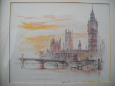 Zeichnung Mads Stage Westminster Bridge Parliament Bild signiert mehrfarbig