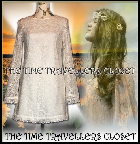 Topshop Ivory Vintage Lace Dress Mini Shift Bell Sleeves 60s Wedding UK 12 Tall - Picture 2 of 9