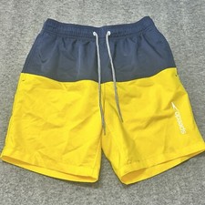 Speedo Swim Mens M Blue Yellow Color Block 7" Shorts Pockets Lined Trunks