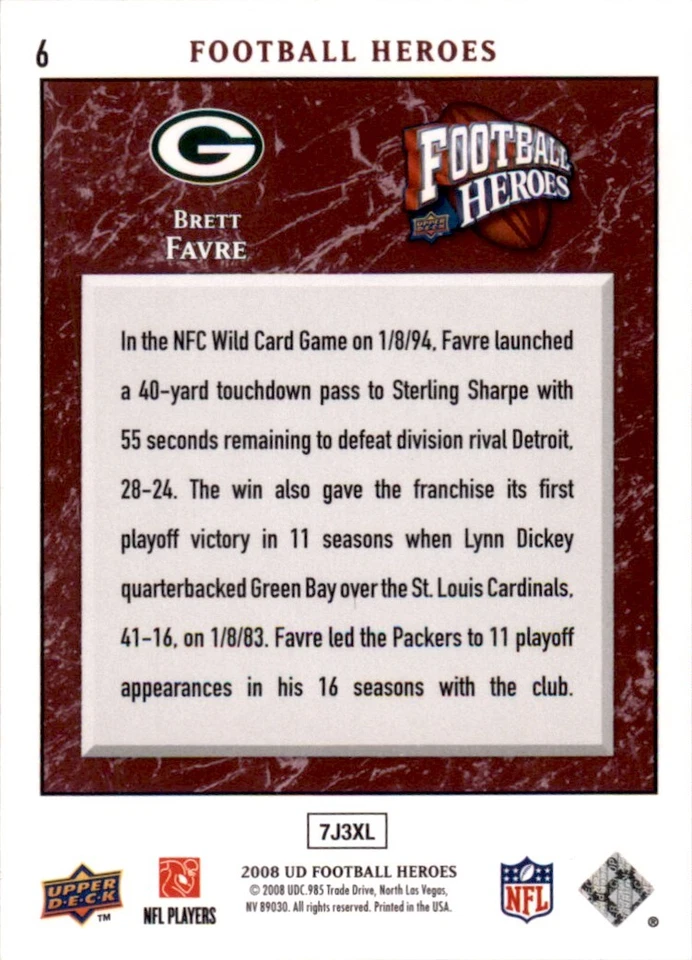 2008 Upper Deck Heroes #6 Brett Favre Green Bay Packers - Image 2 of 2