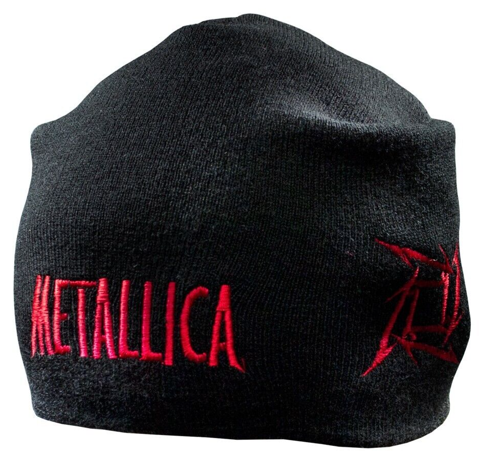 unisex black knitted beanie hat with embroidery logo rock metal band METALLICA