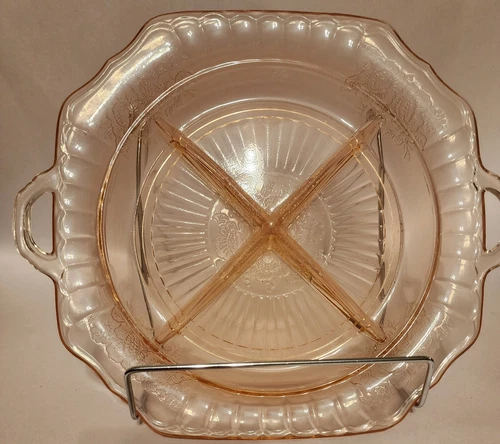 Mayfair Pink Depression Glass 4 Sectioned Relish Dish w/Etched Flowers & Handles
