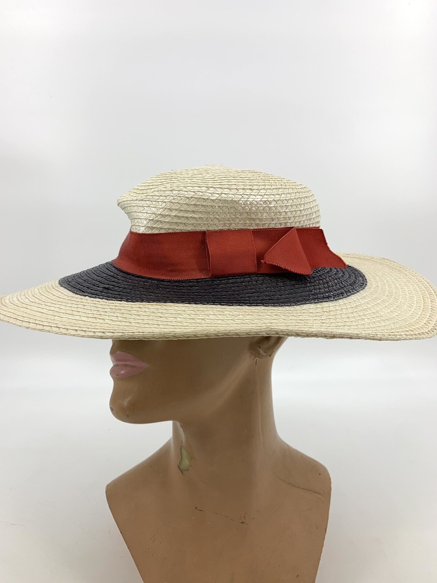 Vintage Wide Brim Boater Straw Hat Ribbon band Betmar Sailing