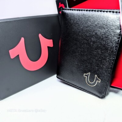 True Religion RFID Leather Bifold Wallet - Black/Gold Horseshoe -Slim Front -NWT